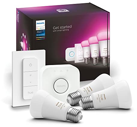 Philips 929002468804 Hue White & Color Ambiance-Glühbirnen E27-Starterset mit Dimmschalter, 3 Stück