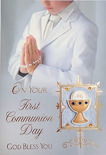 Boy's 3D First Holy Communion 4 Page Keepsake Gold Foil Chalice with Jewels