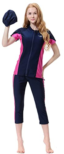 OBEEII Damen Muslimische Bademode Full Cover Hijab Burkini Modest Badeanzug Top +Hose mit Badekappe Badeanzug Set 3-Teilige zum Schwimmen Tauchen Surfen SPA Dunkelblau Kurz Ärmel L