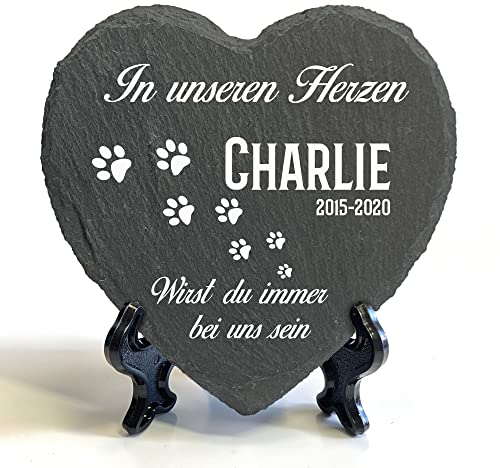 Individueller Personalisiert Groß Herzform Tiergrabstein Schiefer Gedenkstein + Ständer für Hund, Katze und andere Haustiere Tiere - Größe | 25 x 25 cm | - In unseren Herzen