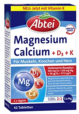 Abtei Magnesium + Calcium + D3 + K - Nahrungsergänzung mit Langzeit-Depot zur Unterstützung von Muskeln, Knochen, Herz und Nervensystem - 1 x 42 Tabletten