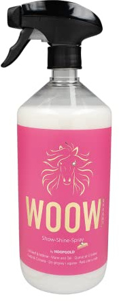 HOOFGOLD WOOW svans & manspray för hästar, 1 000 ml, mild vård, löser upp knutningar, lätt kambarhet, för volym och glans med WOOW-effekten