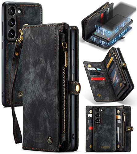 UFinetech für Galaxy S23 Hülle, Stoßfest Kartenfach Magnetisch Abnehmbare Tasche Handyhülle für Samsung S23, Flip Reißverschluss Lanyard Leder TPU Klapphülle Kratzfest Schutzhülle, Schwarz