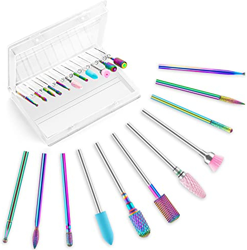 HEYMKGO 11 Stück Professioneller Nagelfräser Aufsätze Bits Fräser Für Gelnägel 3/32 Keramik/Wolframkarbid Diamant Bits Für Nagelfräser Acryl Gel Nagel Maniküre Feile Pediküre Werkzeuge