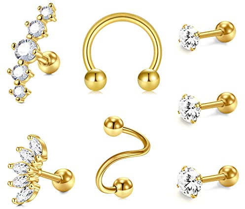 LAURITAMI 7stk Helix Piercings Gold Chirurgenstahl 1.2mm 6mm Tragus Ohrring Piercing Stecker Ohr Knorpel Kristall Diamant
