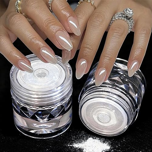 2Pcs Klar Weiß Glitzerpuder für Nägel Aurora Perle Chrom Pulver Perlglanz Spiegel Effekt Holographische Nagel Glitter Pigment Pulver für Nägel Kunst Design 1g/Jar