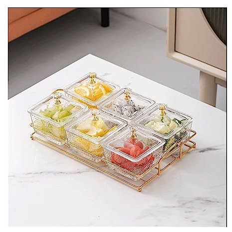 WAOCEO Appetizer Bowls Glass Bowl with Cover Metal Tray 3 Removable Glass dip Bowls Glass Dipping Serving Bowls with Lids for Condiments Side Dishes Dessert Salsa Salad Bowls (Color : C)