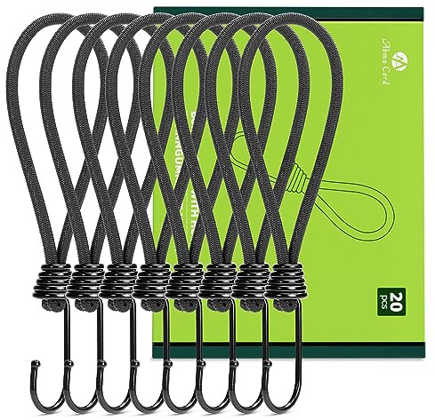 Abma Cord Presenningsklämmor med Krokar 20cm 20 Stycken Korta Spänngummi med Krokar Expanderkrok för Presenningar, Banderoller, Tält, Camping - Svart
