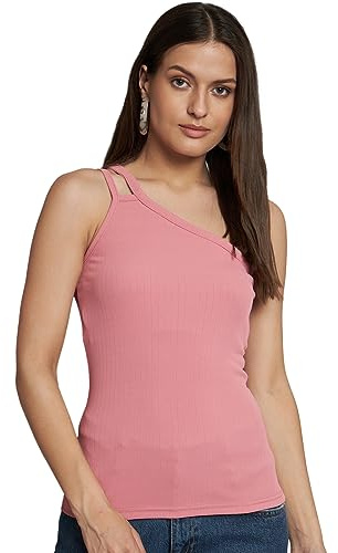 ADDYVERO One Shoulder Neck One Shoulder Sleeves Cotton Blend Solid Regular Fit Hip Längd Women Regular Top (Svart, S), Ljusrosa, L