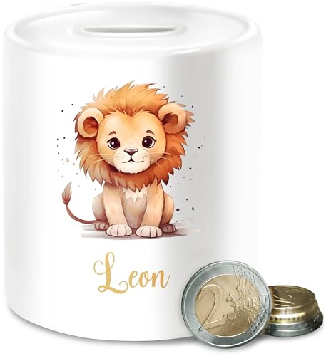 Spardose - Süßer Löwe mit Name personalisiert I Löwen Geschenk I Zootiere I König der Tiere I LEU - Unisize - Weiß - Junge babyspardosen zur Geburt löwenmotiv Leon sparbüchse personalisierte