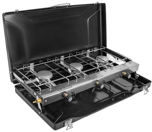 FineFlame Camping Stove, 3 Burner Propane Portable Camp Stove with Regulator, Push-Button Instant Ignition, Portable Camp Grill, Adjustable Burners for Car Camping Outdoor Cooking (BLACK-19800 BTUs)