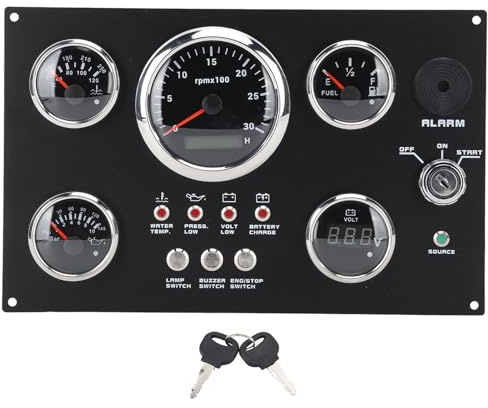 Ensemble de Jauges de Tableau de Bord pour Bateau et Yacht, 85mm 24V 0-3000RPM, Température de L'eau, Niveau D'huile, Manomètre D'huile avec clé (led rouge)