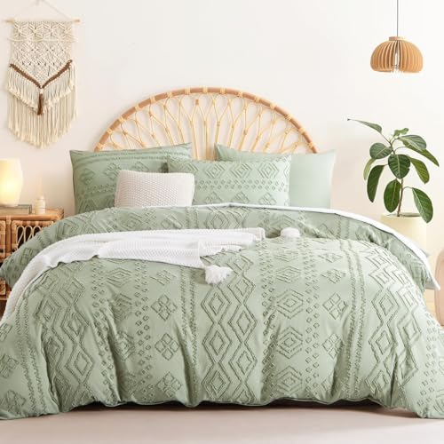 Sedefen Boho Bettwäsche 220x240 cm Salbei Grün Getuftet Geometrisch Muster Wendebettwäsche Set Stickerei Shabby Chic Böhmen Bettbezug mit Reißverschluss und 2 Kissenbezug 80x80cm
