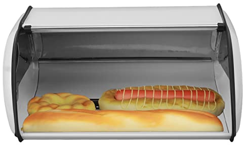Metal Bread Box, Bread Bin for Kitchen Countertop, Bread Holder Storage Container, Mirror Polished Bread Container with Roll Top Lid for Dry Food Save, 13.6X9.1X5.7 Inch (White)