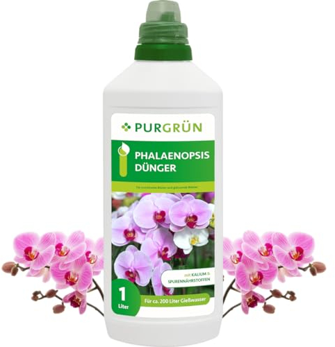 Purgrün® Phalaenopsis-Dünger 1 Liter – Leuchtende Blüten & glänzende Blätter – Schnelle Wirkung mit Spurennährstoffen – Erhöhte Widerstandskraft durch Kalium – Für ca. 400 Liter Gießwasser