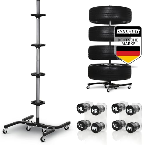 bonsport Felgenbaum XL für Autoreifen bis 295mm fahrbar - Reifenständer belastbar bis 150 kg inkl. 8 Reifen Markierer - Reifenbaum mit Rollen