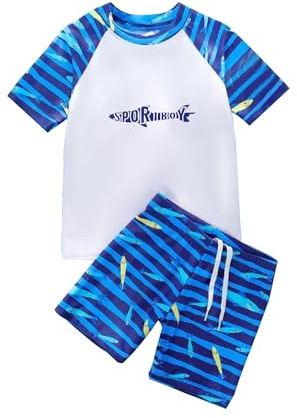 PAEHUIMT Badeshorts Jungen, Badeshirt UV Kinder, 2 Stück Set, Badehose, Schwimmshirt (DE/NL/SE/PL, Alter, 5 Jahre, 6 Jahre, Regular, Blau + Weiß)