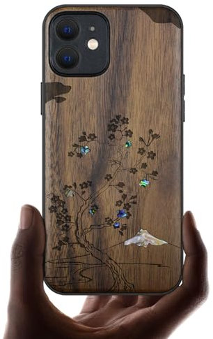 Carveit Coque Magnétique pour iPhone 12 Étui de TPU, Gravure en Bois et Incrustation de Coquille Cover Compatible Magsafe avec 12 Coque (Noyer-Fleur de Cerisier)