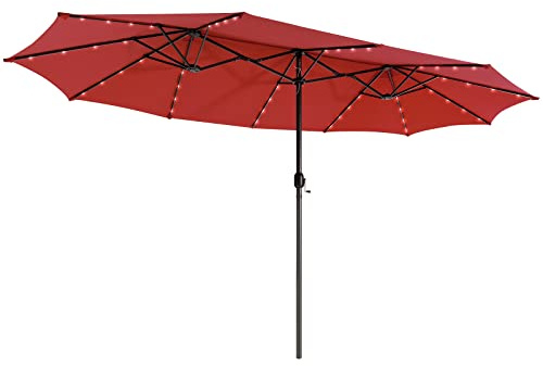 RELAX4LIFE Sonnenschirm mit LED-Solar-Beleuchtung, 48 LED-Lämpchen, Doppelsonnenschirm mit Handkurbel, Marktschirm 450 x 260 cm, Gartenschirm Terrassenschirm Sonnenschutz (Weinrot, Ohne Ständer)