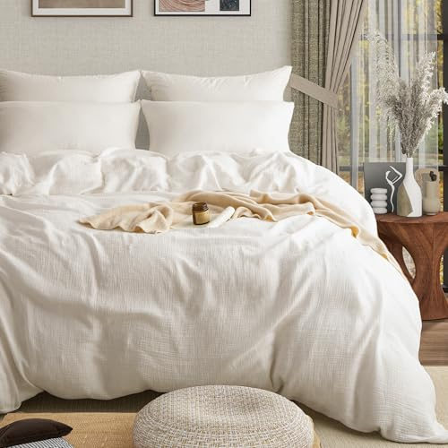 AGSIT Muslin Duvet Cover 100% Washed Cotton, King Size Duvet Cover Set Linen Like, Minimalist Soft Comforter Cover 3 Pieces, Lightweight Gauze Duvet Cover with 2 Pillowcases, 90”x104”, Pure White