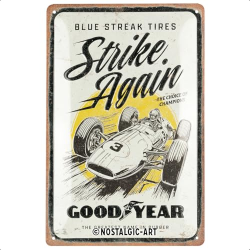 Nostalgic-Art Retro Blechschild, 20 x 30 cm, Goodyear – Blue Strikes again – Geschenk-Idee für Motor-Fans, Original Lizenzprodukt (OLP), aus Metall, Vintage Design, Blechschilder Sprüche, Reifen-Deko | Original Lizenzprodukt (OLP), aus Metall, Vintage Design, Blechschilder Sprüche, Reifen-Deko, Geschenk-Idee für Motor-Fans