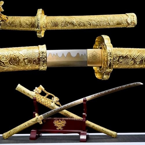 KWXPW 104cm Japanisches Tachi,Federstahl Klinge mit Backvorgang,Goldleder umwickelte Holzscheide,handgefertigt Samurai-Schwert,real Katana für Geschenke,Dekoration,Cosplay,Display,Sammlung,Requisiten
