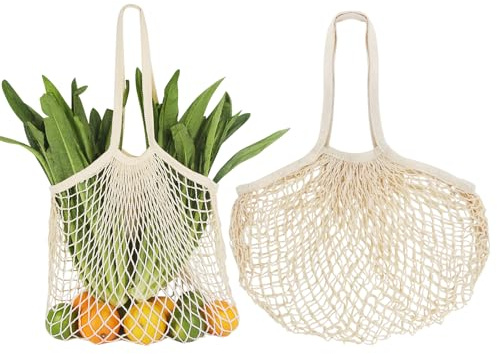 YFPOPONE Beige nätpåse, 2 stycken nätkasse, 35 x 35 cm nätpåse återanvändbara, shoppingväskor med långa handtag, bärbar nätväska för inköp av frukt och grönsaker, Beige