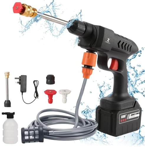Limpiador de alta presión con batería, limpiador de alta presión inalámbrico de 60 bar, 20000 mAh, con boquilla multipulverización, manguera de 5 m, pistola de agua de alta presión para coches de casa