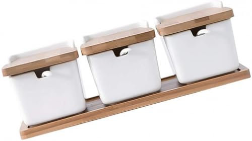 ZHZXBDGQ Tarros de especias de cerámica estilo japonés, azucarero, con tapa de madera, para pimienta, té, hogar, cocina, 3 piezas