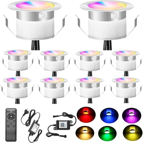 10er Set Smart LED Bodeneinbaustrahler RGBW – Ø31mm Außen Bodenleuchten mit Musik-Synchronisation & Timer, Kompatibel mit Alexa/Google Home, IP67 Wasserdicht,Gartenbeleuchtung mit Strom