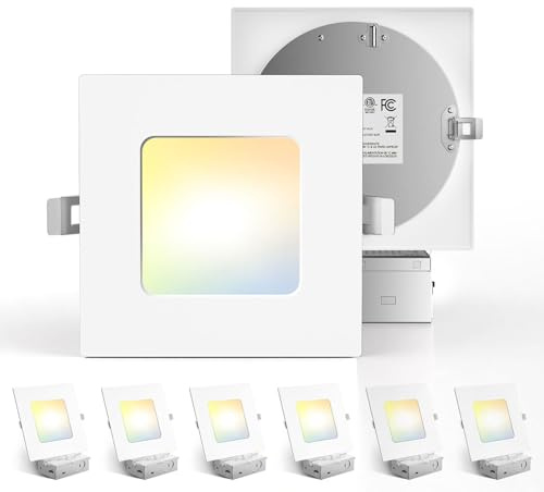 Amico 6 Pack 6 Inch Ultra-Thin LED Square Recessed Light with Junction Box, 5CCT 2700K/3000K/3500K/4000K/5000K Selectable, 1050LM Brightness, Dimmable Canless Wafer Downlight, 12W, ETL&FCC
