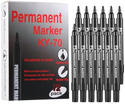 Diboniur Permanent Marker schwarz 12 Stifte, Marker Stifte wasserfest, schnelltrocknend – für Kunststoff, Holz, Stein, Metall und Glas