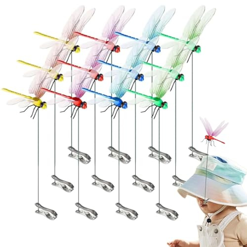 12Pcs Fake Dragonfly Clip, Artificial Dragonfly Pole Clips, Realistic Flying Motion Garden Decor Clip, Dragonflys Garden Decorative Clips, Wall Decorations with Attachment for Outdoor Use