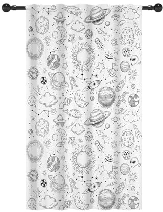 YONGFOTO 107x160cm Espacio Exterior Cortinas con Bolsillo para Barra Garabato Universo Planetas Cohetes Filtración de luz Pestaña Trasera Cortinas para Dormitorio de niño Habitación