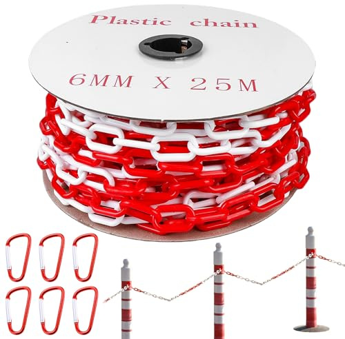 BAIFULAI 25m Absperrkette, 6mm Absperrkette Rot Weiß Kunststoff mit 6 Karabinern, Plastikkette/Kunststoff Warnkette, Baustellensicherungskette, Gliederkette zum Absperren für Warnsicherheit Parkplatz