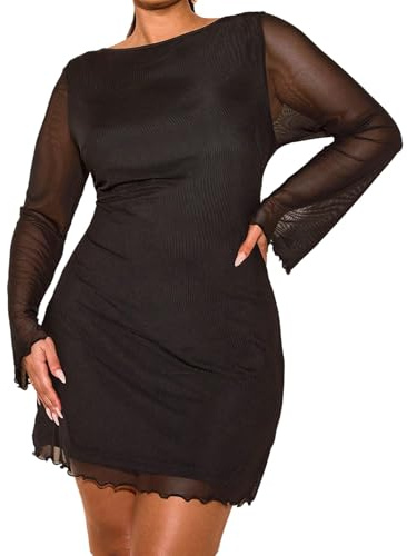 SweatyRocks Abito da donna a maniche lunghe, curvy, con tessuto a rete, a maniche lunghe, grandi dimensioni, abito a matita, abito a rete, con orlo ondulato, Nero , 4XL