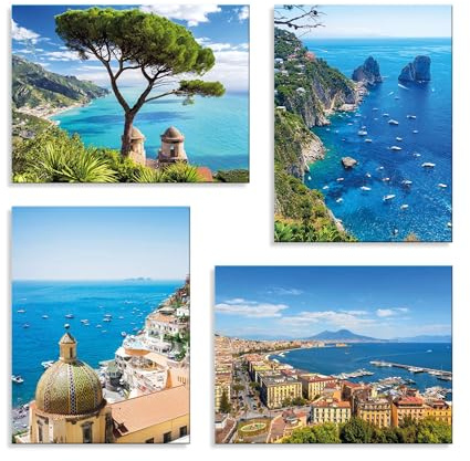 Set 4 Quadri 40x30 cm - Stampa su Tela con telaio in legno - Paesaggi Italiani – Panorama Amalfi, Capri, Napoli, Positano