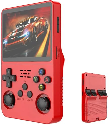 R36S Consola Retro Portatil, Pantalla IPS de 3.5 Pulgadas, Consola de Videojuegos Portátil con Sistema Linux de Código Abierto, Tarjeta TF de 128GB, 40 000 Juegos Clásicos(Red 2,128G)