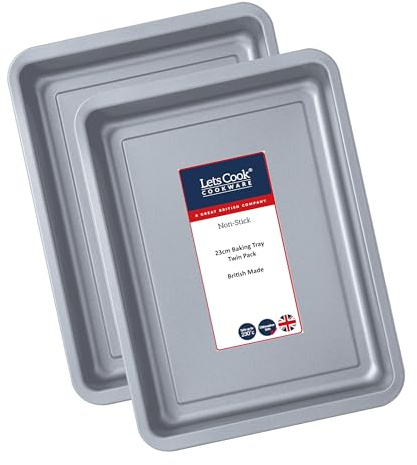 Lets Cook Cookware - 23cm Small Baking Oven Trays, Twin Pack (Set of 2), Double Coated Non Stick, Air Fryer Compatible, British Made