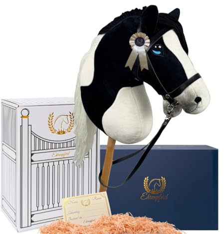 Ehrenpferd Hobby Horse Pferd -A3- Premium Steckenpferd mit Zubehör für Hobby Horsing: Pferde Spielzeug Set mit Stockpferd, Trense, Turnierschleife & Stall als Pferde Mädchen Geschenk - Domino