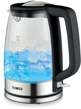 Tower PT10090BLK Illuminating Glass Kettle with Removable Filter, Boil Dry Protection, 1.7L, 2200W, Black & Stainless Steel