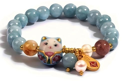Lyckoarmband lyckokatt – kattarmband med blå kristallpärla, keramisk kattberlock armband för kvinnor, handgjord lyckobringare smyckesarmband, elegant kattsmycke & present