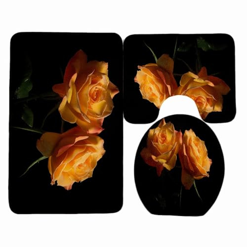 badezimmerteppich Set Gelbe Schwarze Blume Badezimmermatte WC Teppich Dekoration Schnell Trocknend Badgarnitur 3 Teilig Stand WC Deckelbezug Badvorleger rutschfest Waschbar 50x80 cm
