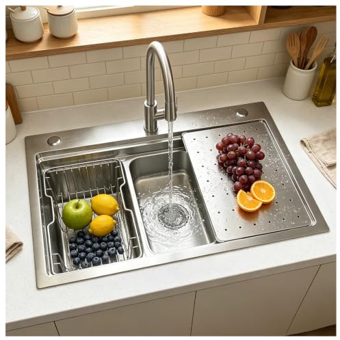 HZKSINNK Fregadero de cocina de acero inoxidable 304 de acero inoxidable cepillado, con escurridor, sifón, desagüe 1 lavabo, fregadero de cocina rectangular, lavabo grande (plateado-#A, 85 x 50 cm)