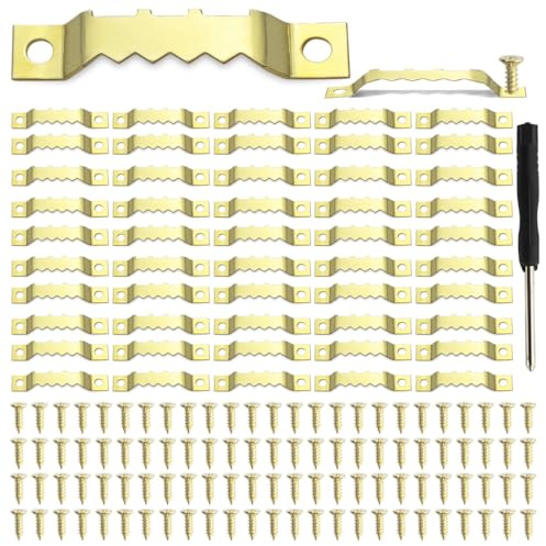 FONHREW 50 Pezzi Ganci per Quadri Muro Appendi Quadri Ganci per Foto Cornice a Dente di Sega con Dotazione Cacciavite e Viti Per Tele Foto Incorniciate Quadris Appendere Foto di Family Office (Oro-A)
