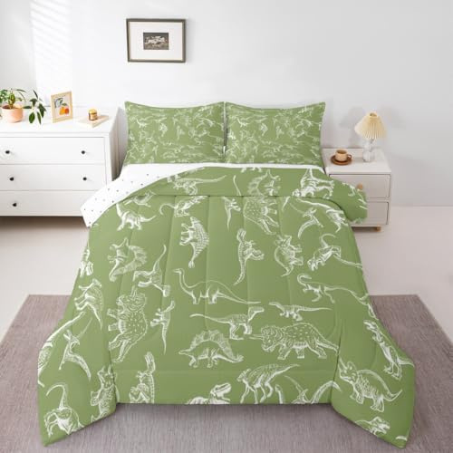 Loussiesd Juego de ropa de cama con estampado digital 3D de dinosaurio, tamaño doble, diseño de dinosaurio de la selva para niños y niñas, decoración de animales salvajes, microfibra verde, ultrasuave