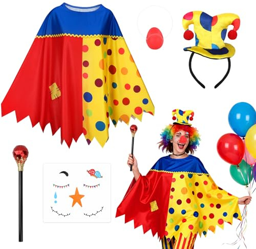 Beipegin 5 Piezas Disfraz Payaso Mujer Adulto, Disfraz Circo, Diadema con Sombrero de Payaso, Poncho, Bastón, Pegatinas para la Cara y Nariz que Suena para Fiesta de Halloween y Carnaval