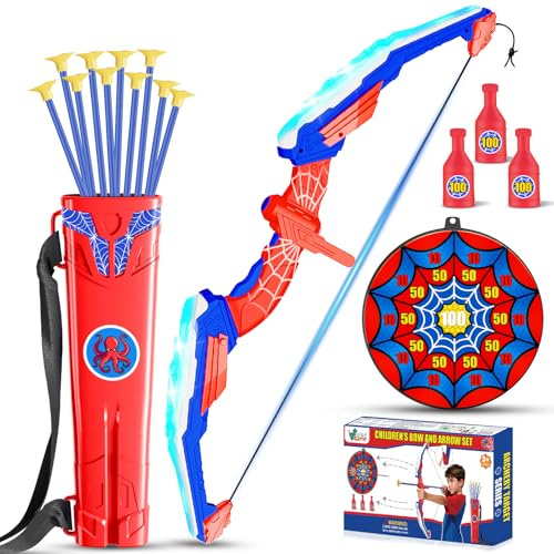 Pfeil und Bogen Kinder - LED Licht Bogenschießen Spielzeug Set mit Verstellbarer Bogenschnur 2 Zielscheibe 10 Saugnapfpfeile 3 Kleine Ziele und Köcher Outdoor Spiele Geschenk für Jungen ab 3-12