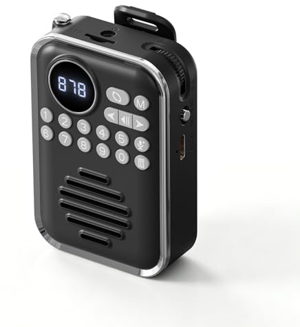Radio FM personal de bolsillo portátil con altavoz Bluetooth, mini radio digital FM con clip, escaneo automático, soporte recargable, tarjeta TF, emparejamiento TWS, altavoz de 5 W, conector para