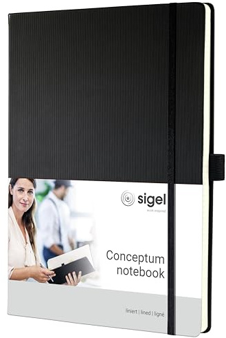 Sigel Conceptum Premium Notizbuch A4+ liniert schwarz Hardcover 194 Seiten | CO116, Nummerierte Seiten mit Inhaltsverzeichnis, Stiftschlaufe, Falttasche und Gummibandverschluss